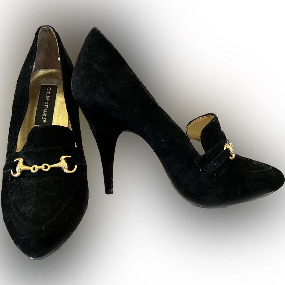 Vintage Colin Stuart black suede gold accent buckle loafer style heels pumps 7.5